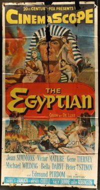 4w687 EGYPTIAN 3sh '54 artwork of Jean Simmons, Victor Mature & Gene Tierney in ancient Egypt!
