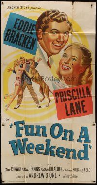 4w714 FUN ON A WEEKEND 3sh '47 stone litho art of Eddie Bracken & pretty Priscilla Lane!