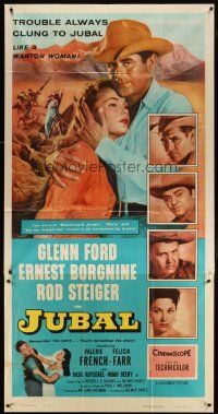 4w780 JUBAL 3sh '56 cowboys Glenn Ford, Ernest Borgnine & Rod Steiger, sexy French & Farr!