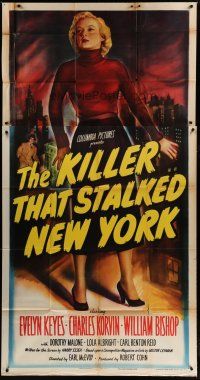 4w784 KILLER THAT STALKED NEW YORK 3sh '50 great full-length art of sexy Evelyn Keyes over city!