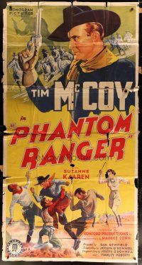 4w864 PHANTOM RANGER 3sh '38 cool stone litho artwork of cowboy Tim McCoy with gun & fighting!
