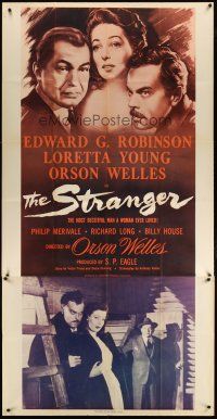 4w944 STRANGER 3sh R53 artwork & photo of Orson Welles, Edward G. Robinson & Loretta Young!