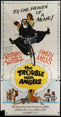 4w970 TROUBLE WITH ANGELS 3sh '66 Hayley Mills, Binnie Barnes, nun Rosalind Russell on bike!