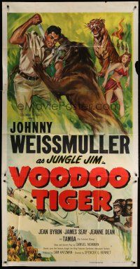 4w976 VOODOO TIGER 3sh '52 great art of Johnny Weissmuller as Jungle Jim vs lion & tiger!