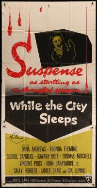 4w985 WHILE THE CITY SLEEPS 3sh '56 terrified Lipstick Killer's victim, Fritz Lang noir!