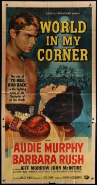 4w995 WORLD IN MY CORNER 3sh '56 great artwork of champion boxer Audie Murphy with boxing gloves!