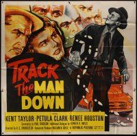 4w370 TRACK THE MAN DOWN 6sh '55 cool art of detective Kent Taylor tracing footsteps, Petula Clark
