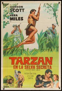 4w087 TARZAN'S HIDDEN JUNGLE Argentinean '55 artwork of Gordon Scott as Tarzan swinging on vine!