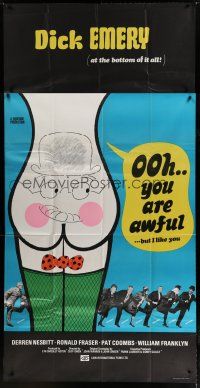 4w025 OOH YOU ARE AWFUL English 3sh '72 Cliff Owen, English, wacky cartoon artwork of rear w/face!