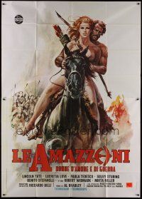 4w113 BATTLE OF THE AMAZONS Italian 2p '73 art of sexy naked female warrior Lucretia Love on horse!