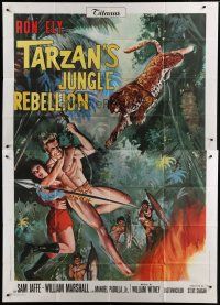 4w206 TARZAN'S JUNGLE REBELLION Italian 2p '71 art of Ron Ely swinging on vine with woman!