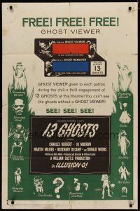 4x005 13 GHOSTS green style 1sh '60 William Castle, great art of all the spooks, Ghost Viewer!