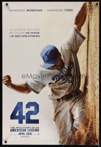 4z034 42 teaser DS 1sh '13 baseball, image of Chadwick Boseman as Jackie Robinson sliding home!