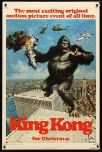 4z457 KING KONG teaser 1sh '76 John Berkey art of BIG Ape on the Twin Towers!