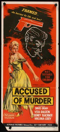 5a563 ACCUSED OF MURDER Aust daybill '57 sexy girl & gun noir art, she battled for life & love!