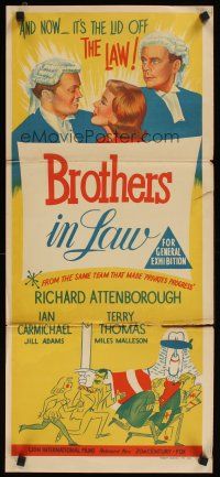 5a617 BROTHERS IN LAW Aust daybill '57 Boulting Brothers, Richard Attenborough, wacky art!