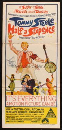 5a672 HALF A SIXPENCE Aust daybill '67 art of smiling Tommy Steele with banjo, H.G. Wells novel!