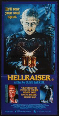 5a682 HELLRAISER Aust daybill '87 Clive Barker horror, Pinhead, he'll tear your soul apart!