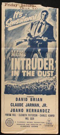 5a701 INTRUDER IN THE DUST Aust daybill '49 William Faulkner, art of man with rifle over crowd!