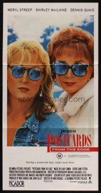 5a799 POSTCARDS FROM THE EDGE Aust daybill '90 Shirley MacLaine & Meryl Streep w/sunglasses!