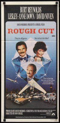 5a835 ROUGH CUT Aust daybill '80 Don Siegel, Burt Reynolds, sexy Lesley-Anne Down!