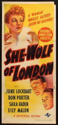 5a869 SHE-WOLF OF LONDON Aust daybill '46 June Lockhart, Don Porter, Sara Haden, horror!
