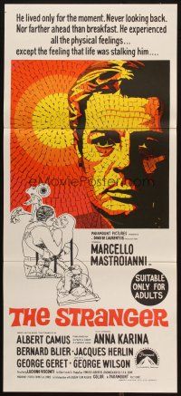 5a909 STRANGER Aust daybill '68 Luchino Visconti's Lo Straniero, cool art of Mastroianni!