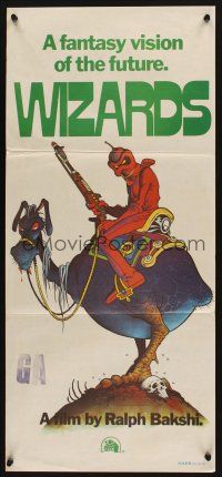 5a986 WIZARDS Aust daybill '77 Ralph Bakshi directed, cool fantasy art by William Stout!