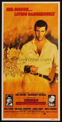5a996 YEAR OF LIVING DANGEROUSLY Aust daybill '82 Peter Weir, artwork of Mel Gibson by Stapleton!