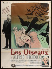 5b234 BIRDS French 1p '63 different Grinsson art with Tandy, Tippi Hedren & Alfred Hitchcock!
