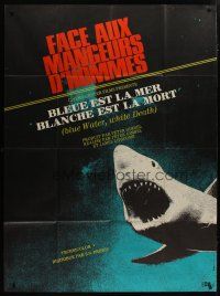5b241 BLUE WATER, WHITE DEATH French 1p '71 cool close image of great white shark with open mouth!