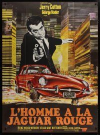 5b278 DEATH IN THE RED JAGUAR French 1p '70 cool Saukoff art of George Nader with gun over car!