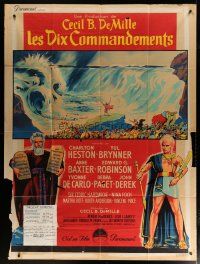 5b477 TEN COMMANDMENTS French 1p '56 Cecil B. DeMille classic, Soubie art of Heston & Brynner!