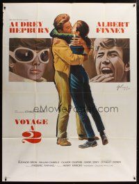 5b493 TWO FOR THE ROAD French 1p '67 art of Audrey Hepburn kissing Albert Finney by Grinsson!