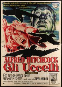 5b138 BIRDS Italian 2p '63 cool different art with director Alfred Hitchcock & attacking birds!