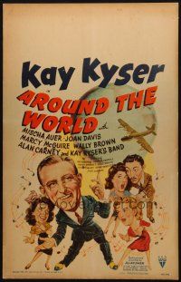 5b532 AROUND THE WORLD WC '43 cool cartoon art of Kay Kyser & top stars with plane & globe!
