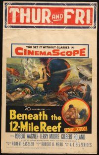 5b550 BENEATH THE 12-MILE REEF WC '53 cool art of scuba divers fighting octopus & shark!