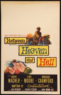 5b555 BETWEEN HEAVEN & HELL WC '56 barechested Robert Wagner romances sexy Terry Moore on ground!