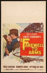 5b625 FAREWELL TO ARMS WC '58 art of Rock Hudson kissing Jennifer Jones, Ernest Hemingway
