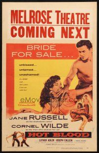 5b680 HOT BLOOD WC '56 great image of barechested Cornel Wilde grabbing Jane Russell, Nicholas Ray