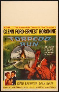 5b953 TORPEDO RUN WC '58 artwork of Glenn Ford & Ernest Borgnine in submarine at periscope!