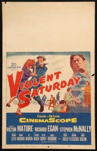 5b966 VIOLENT SATURDAY WC '55 art of girl pistol-whipped, Victor Mature, Richard Fleischer