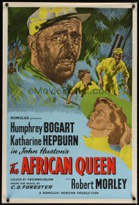 5e747 AFRICAN QUEEN English 1sh R50s cool art montage of Humphrey Bogart & Katharine Hepburn!