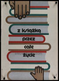 5e338 Z KSIAZKA PRZEZ CALE ZYCIE Polish 19x27 '75 Pelczar artwork of stack of books!