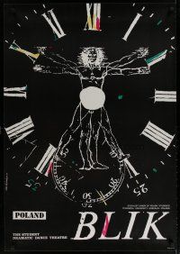 5e277 BLIK stage play English Polish 27x38 '79 Ewa Szymanska art of Vitruvian Man in clock!