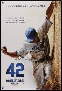 5f011 42 teaser DS 1sh '13 baseball, image of Chadwick Boseman as Jackie Robinson sliding home!
