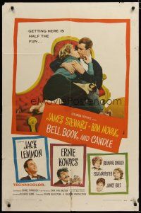 5h085 BELL, BOOK & CANDLE 1sh '58 James Stewart kissing sexiest witch Kim Novak!
