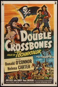 5h247 DOUBLE CROSSBONES 1sh '51 artwork of pirate Donald O'Connor by ship!