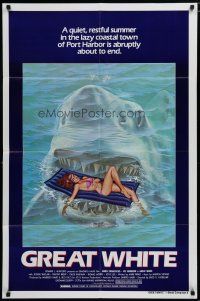 5h381 GREAT WHITE style A 1sh '82 great artwork of huge shark attacking girl in bikini on raft!