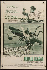 5h414 HELLCATS OF THE NAVY 1sh '57 art of Ronald Reagan in the only movie he made with Nancy!